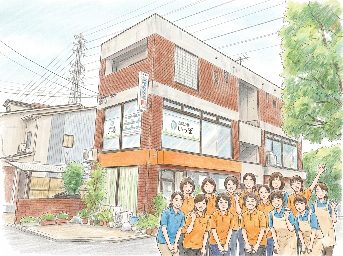 訪問介護いっぽのレンガ調の事務所ビルを背景に、笑顔で並ぶ女性スタッフたちの手書き風集合イラスト