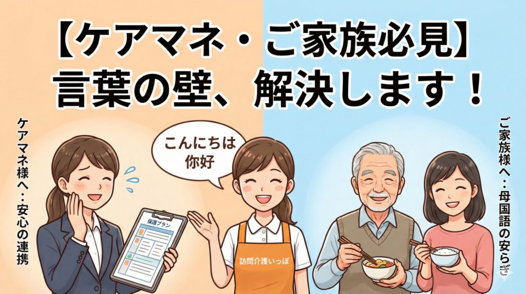 困っている日本人ケアマネジャーと中国人利用者の間に入り、笑顔で通訳・介助をする「訪問介護いっぽ」の女性スタッフのイラスト。