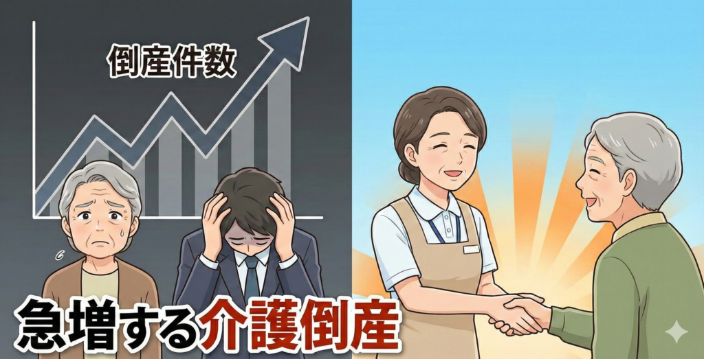訪問介護事業所の倒産件数が急上昇するグラフを見て困惑する高齢女性と頭を抱えるケアマネジャーのイラスト（左側・暗い背景）と、笑顔で温かく握手を交わす「いっぽ」の女性ベテランスタッフと高齢男性、背景に日中両国の国旗（右側・明るい背景）。介護業界の危機と、安定した事業所がもたらす安心の対比を示したYouTube風サムネイル画像。