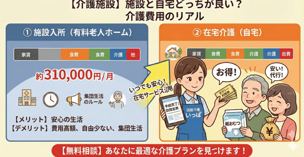 施設入所と在宅介護の費用・特徴を比較したイラスト。月額約31万円の施設入所と、訪問介護サービス「いっぽ」を活用した在宅介護の違いを解説しています。