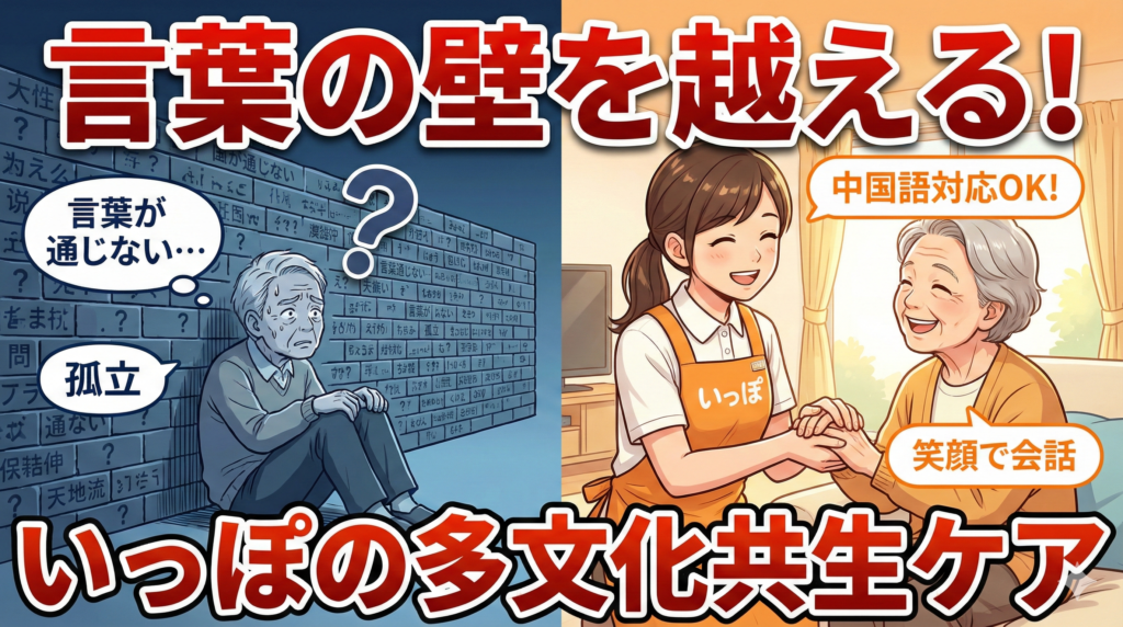 言葉の壁に悩む高齢者と、中国語対応で笑顔のケアを提供する訪問介護いっぽのスタッフ