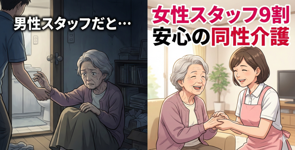 左：入浴介助に不安を感じる高齢女性、右：いっぽの女性ベテランヘルパーと笑顔で話す様子