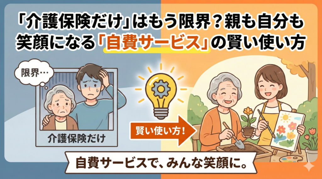 記事タイトル「『介護保険だけ』はもう限界？親も自分も笑顔になる『自費サービス』の賢い使い方」のアイキャッチ画像。左側は介護保険だけで疲弊する親子、右側は自費サービスを賢く使って笑顔で趣味を楽しむ親子の対比イラスト。