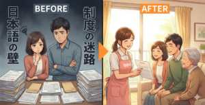名古屋市の訪問介護いっぽによる、中国語対応の介護保険申請サポートのBefore/After。日本語の書類に悩むご家族が、中国語での説明を受け笑顔になる様子。
