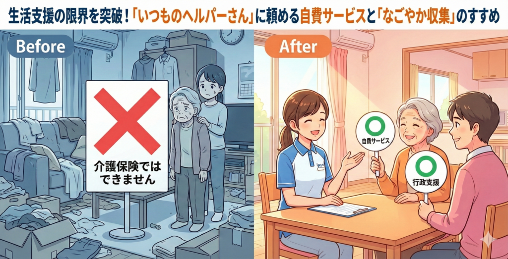 名古屋の訪問介護いっぽ・介護保険の生活援助の範囲と自費サービス・行政支援の活用イメージ