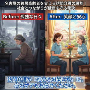 名古屋の訪問介護いっぽによる独居高齢者の孤立解消イメージ図。左側は「Before: 孤独な日々」として暗い部屋にいる高齢者、右側は「After: 笑顔と安心」として明るい部屋で女性スタッフと談笑する様子。「社会との架け橋」としての役割と比較を表現。