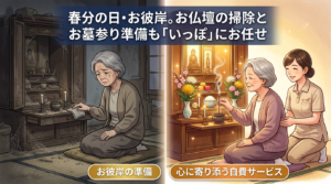 お彼岸に向けてお仏壇の掃除を手伝う訪問介護スタッフと高齢者