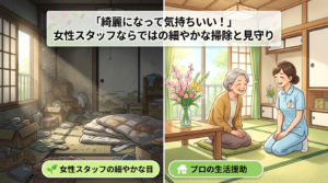 春の生活援助で部屋を清潔に掃除する女性ヘルパーと喜ぶ高齢者