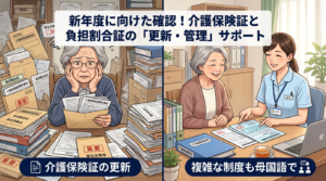 複雑な介護保険証の更新書類を整理し、分かりやすく説明するヘルパー