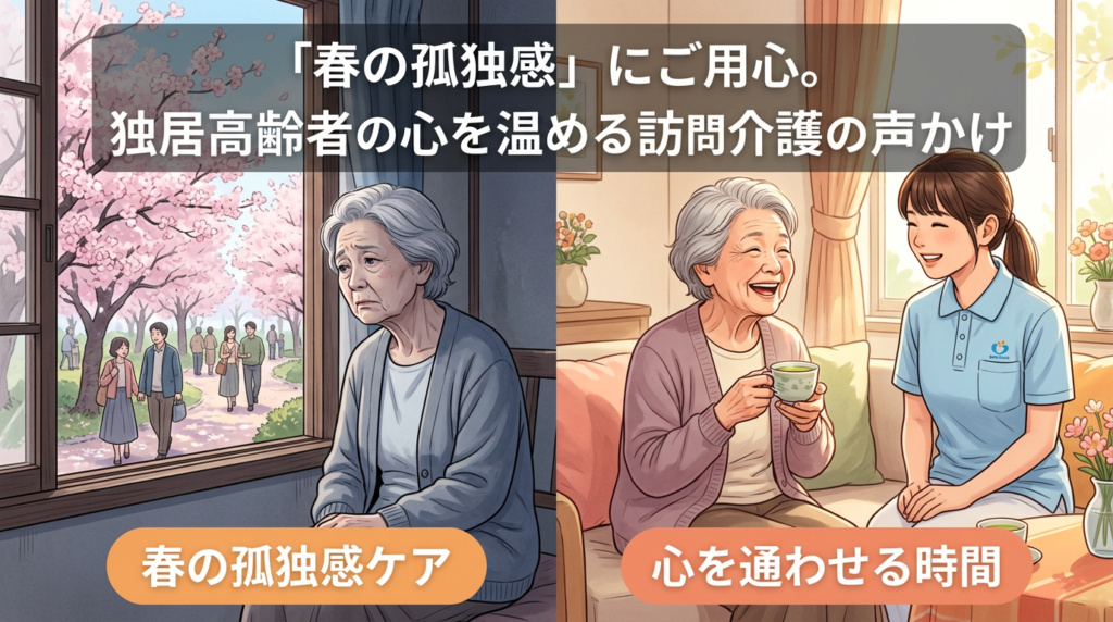 春の孤独感を感じる独居高齢者と、お茶を飲みながら談笑する女性ヘルパー