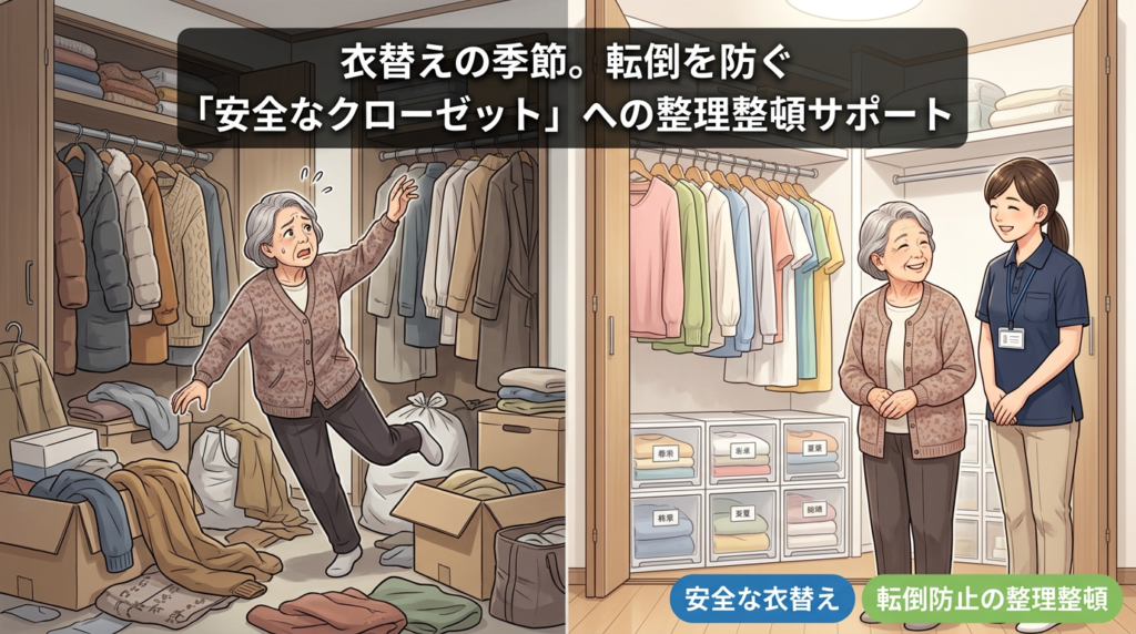 衣替え時に散らかった服で転倒しそうになる状況と、安全に整理されたクローゼット