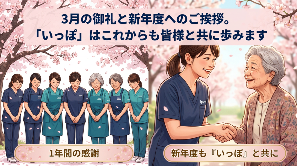 満開の桜の下で感謝のお辞儀をする「いっぽ」のスタッフと、握手を交わすご利用者様