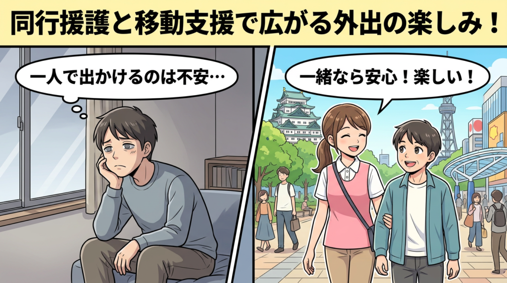 障害福祉サービスを利用して女性ヘルパーと楽しく外出する様子のイラスト