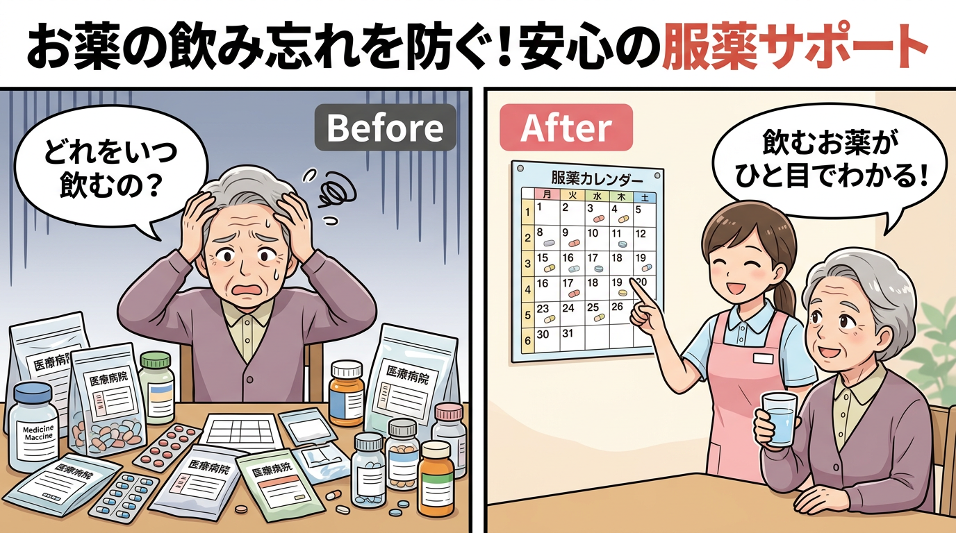 服薬カレンダーを確認しながら高齢者の服薬サポートをする女性ヘルパーのイラスト