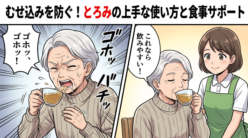 とろみ剤を使って安全に水分補給をする高齢者と食事介助をする女性ヘルパーのイラスト